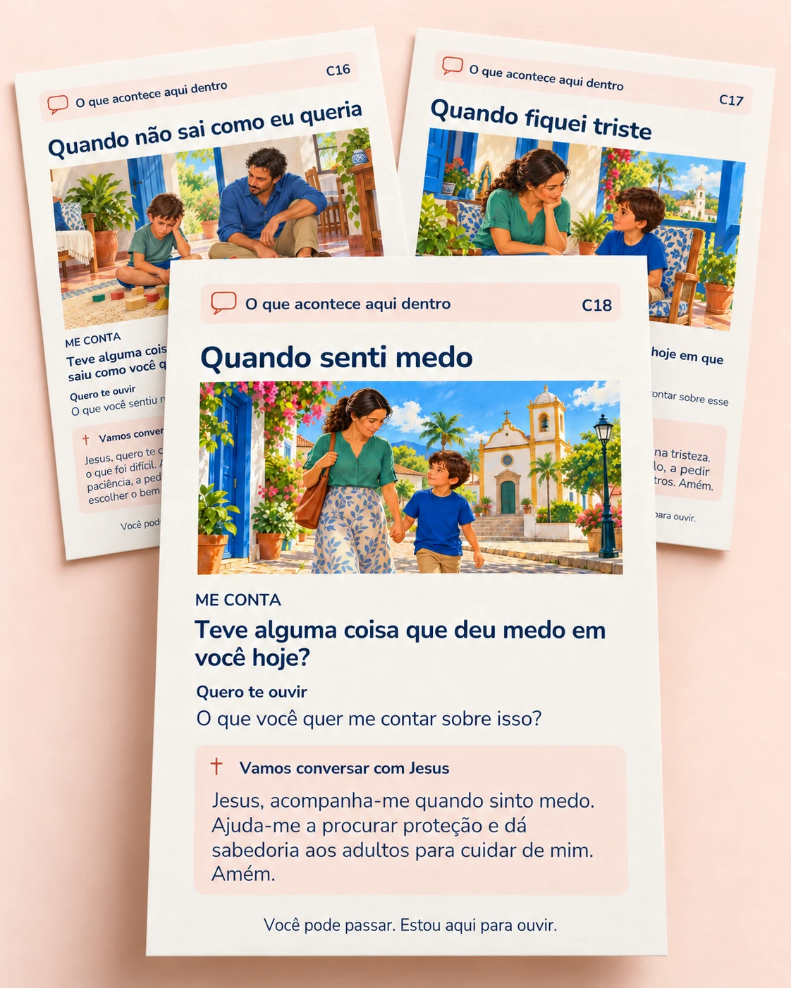 Cartões sobre medo, tristeza e situações que não saíram como a criança queria.