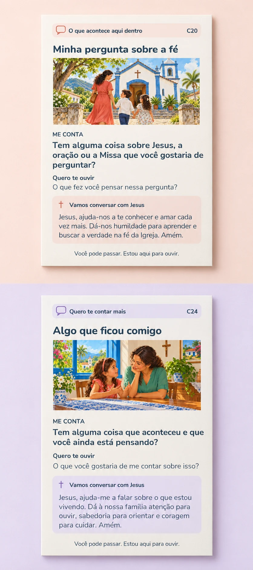 Cartões Minha pergunta sobre a fé e Algo que ficou comigo.