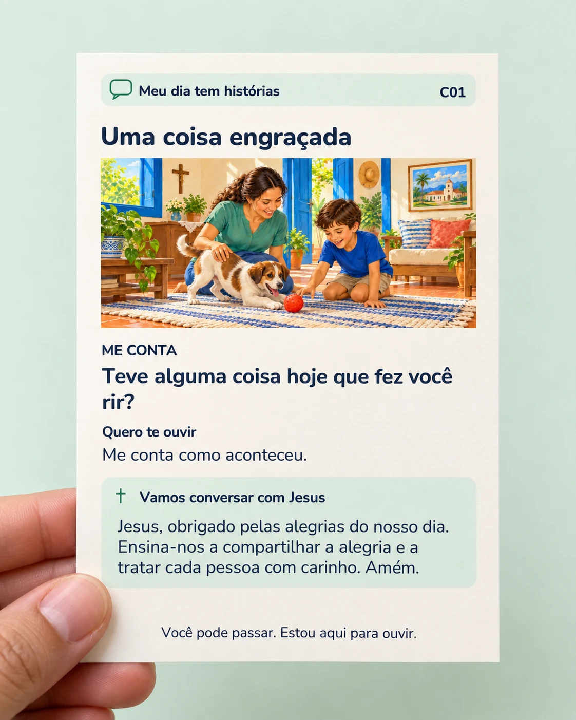 Cartão Uma coisa engraçada, com ilustração, perguntas e oração.