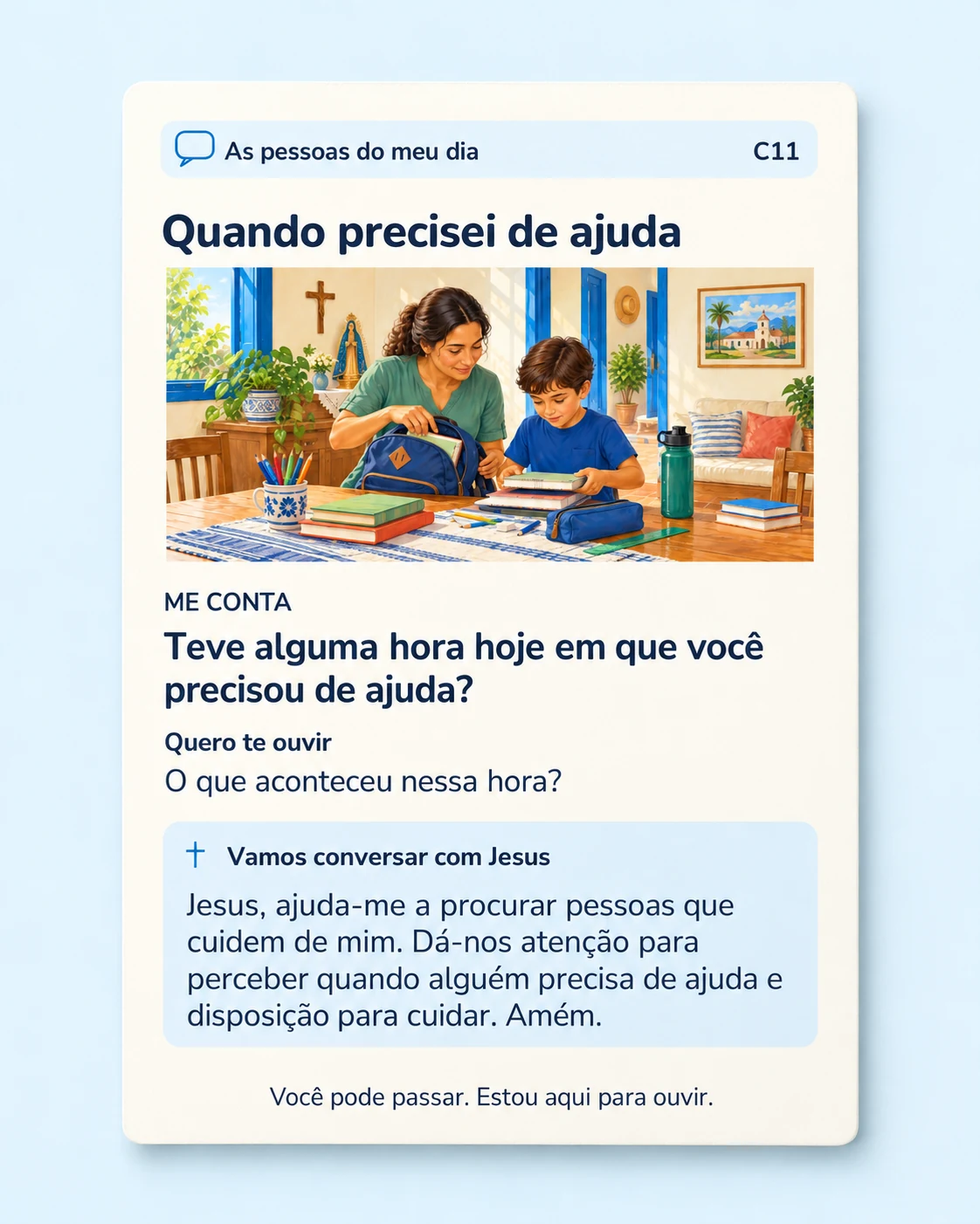 Cartão Quando precisei de ajuda, com pergunta, continuação e oração.